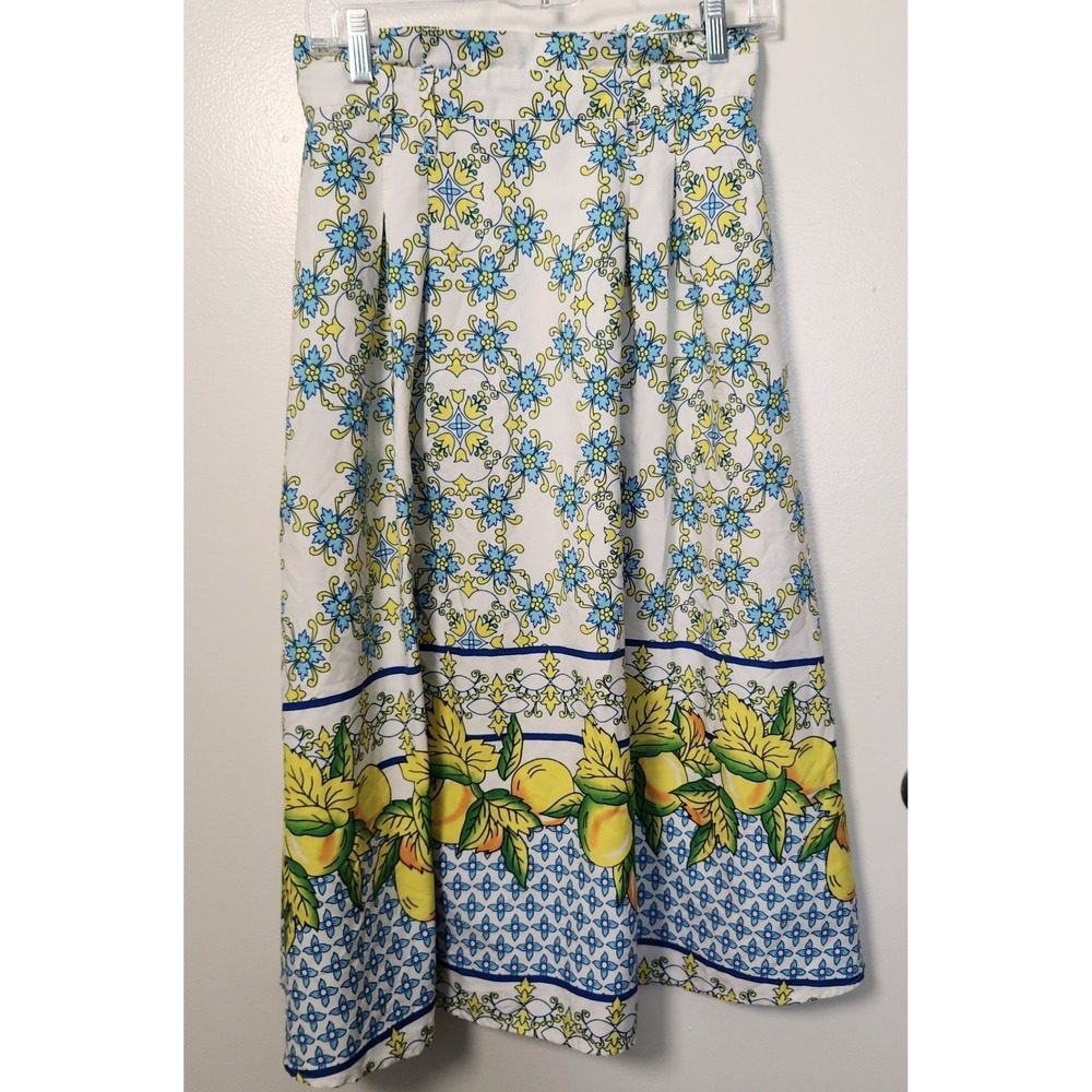 Her Destiny Lemon Floral Blue Yellow White Women's‎ Midi Skirt Med Resortwear